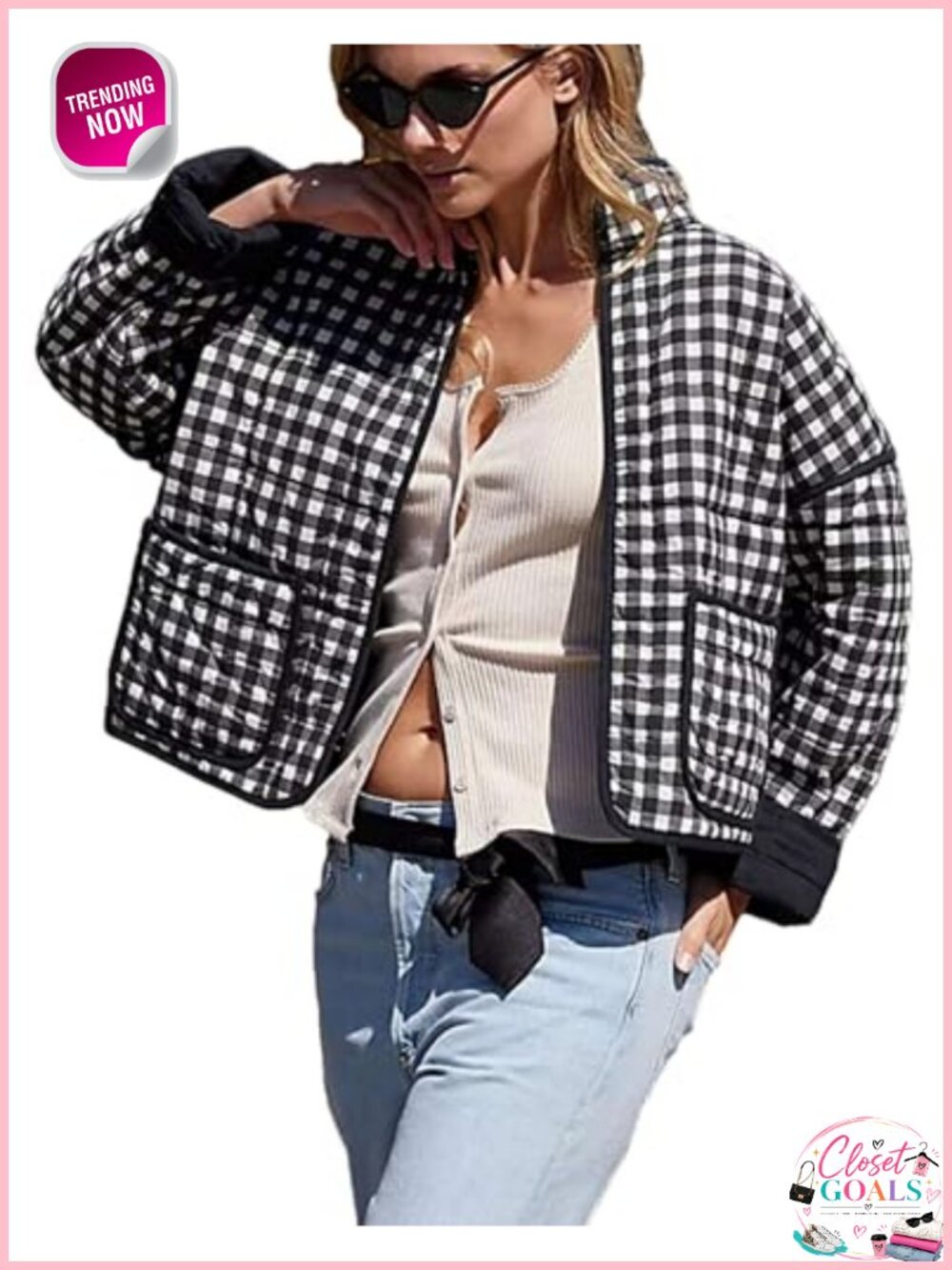 Cropped Quilted Puffer Jacket Plaid Print Zip Up Lightweight Coat